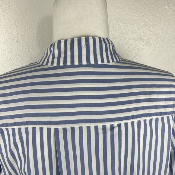 H&M Blouse Women 14 Blue White Vertical Striped Henley Long Sleeve Casual Top - Picture 12 of 14